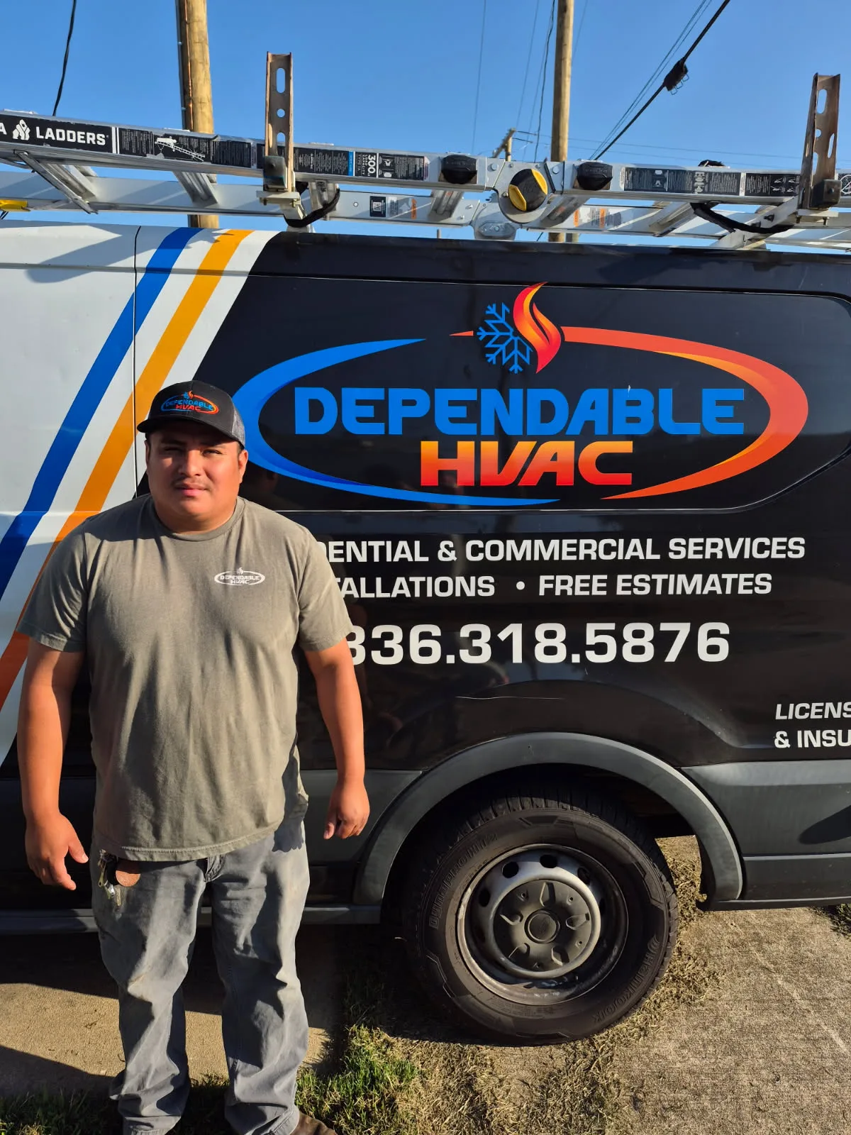 Dependable HVAC technician standing by service van ready for HVAC service in Albemarle NC